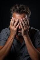 Stressed man covering face with hands photo