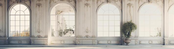 Elegant interior with arched windows and ornate decor photo