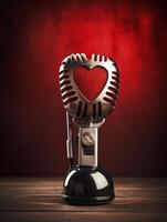 Vintage microphone with heart shaped grille on wooden table photo