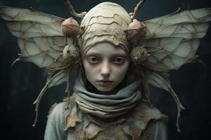 Mysterious fantasy creature with intricate costume and wings photo