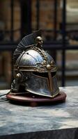 Ornate ancient warrior helmet on display photo