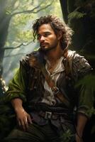 Rugged adventurer in lush forest photo
