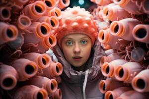 Curious child surrounded by colorful objects photo