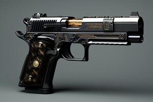 Detailed view of a modern handgun with intricate design photo