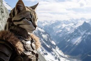 Adventurous cat exploring the snowy mountains photo