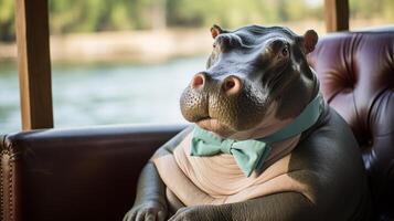 Hippo wearing a bowtie sitting on a couch photo