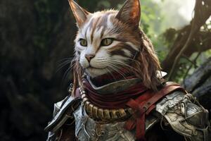 Fierce feline warrior in battle armor photo