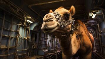 close up of a camel in a rustic stable photo