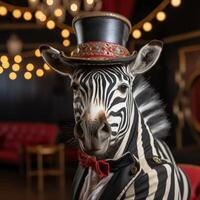 Dressed up zebra in a top hat and bow tie photo