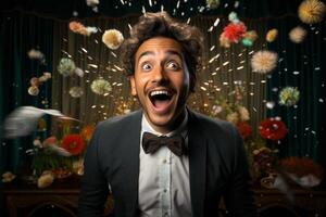 Excited man in formal attire with fireworks display photo