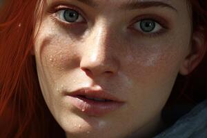 close up of a womans face with freckles and tears photo