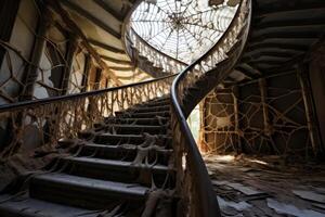 Abandoned spiral staircase in a dilapidated building photo