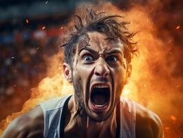 Intense man screaming in front of fire photo