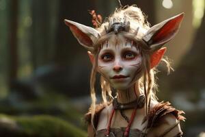 Whimsical fantasy creature with pointed ears and intricate makeup photo
