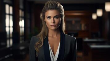 Confident businesswoman in dark suit photo
