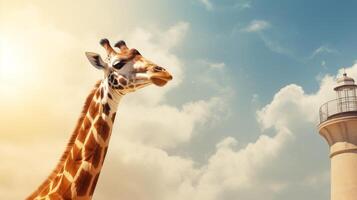 Giraffe with lighthouse in background photo