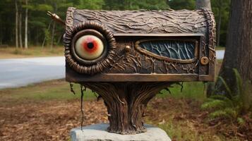 Mysterious wooden sculpture with large eye photo