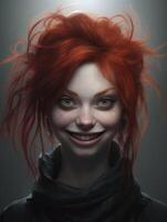 Vibrant redhead with wild hair and mischievous grin photo