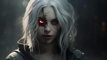 Haunting portrait of a mysterious woman with glowing red eyes photo