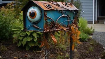 Whimsical and rustic birdhouse with large eye photo