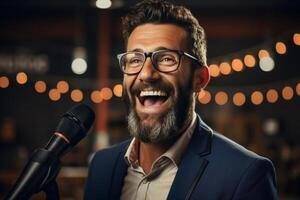 smiling man with beard and glasses on stage with microphone photo