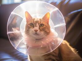 Curious cat in protective cone photo