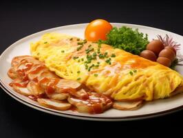 Delicious omelet with vegetables and sauces photo