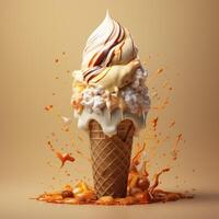 Delicious ice cream cone with swirls of creamy vanilla and caramel toppings photo