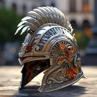 Ornate warrior helmet with feathered crest photo