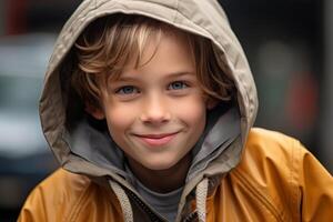 Smiling child in hooded jacket photo