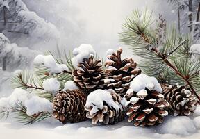 Snowy pine cones and branches in winter landscape photo