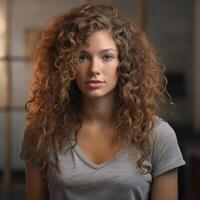 Curly haired woman with thoughtful expression photo