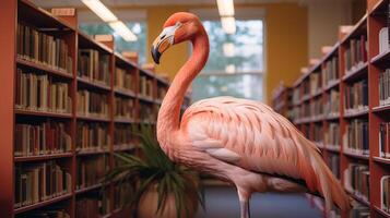 Vibrant flamingo in library setting photo