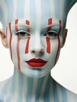 striking face paint portrait with red and white stripes photo