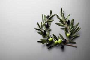 fresh green and black olives on a branch photo