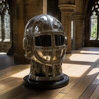 Futuristic robot helmet on display photo