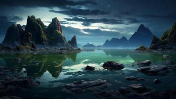 Serene mountain lake reflection at night photo