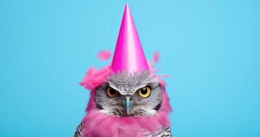 Funny owl wearing a pink party hat photo