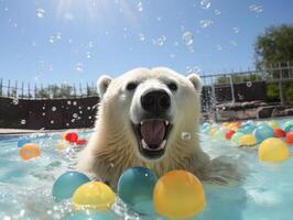 Playful polar bear enjoying a pool party photo