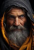 Weathered face of an elderly man with a long beard and piercing eyes photo