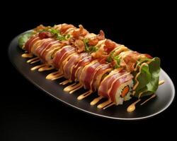 Delicious sushi roll with bacon and vegetables photo