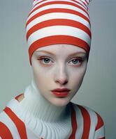 striking portrait of a person in a red and white striped hat photo