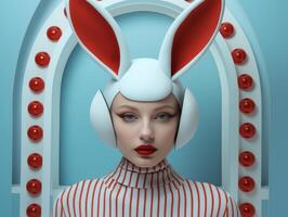 futuristic woman with rabbit ears and red lips photo
