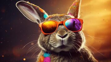 Colorful rabbit wearing sunglasses photo