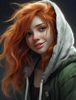 Captivating redhead in a hooded jacket photo