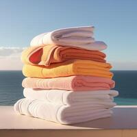 Neatly folded towels in various pastel colors photo