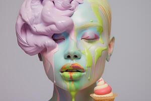 Surreal artistic portrait with colorful makeup and dessert photo