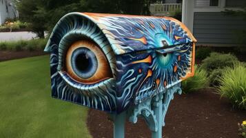 Vibrant painted mailbox with abstract ocean inspired design photo