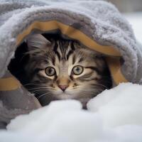 Curious cat peeking out from snow covered shelter photo