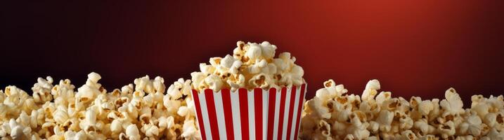 Delicious popcorn in a striped box on a red background photo
